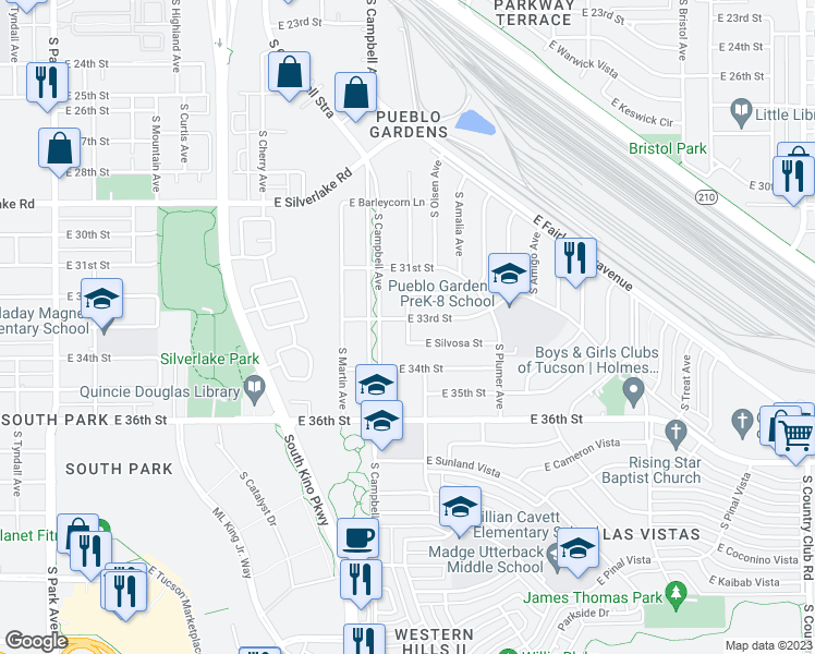 map of restaurants, bars, coffee shops, grocery stores, and more near 2021 South Norris Avenue in Tucson