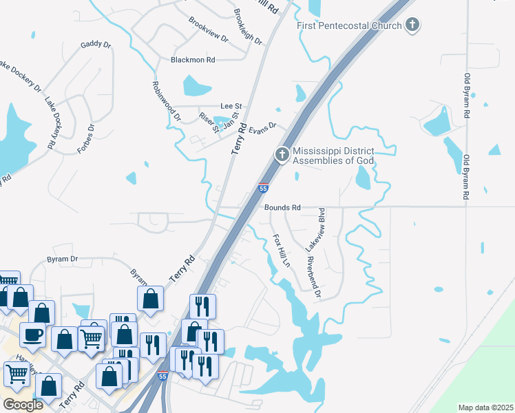 map of restaurants, bars, coffee shops, grocery stores, and more near 6622 I-55 South Frontage Road in Jackson