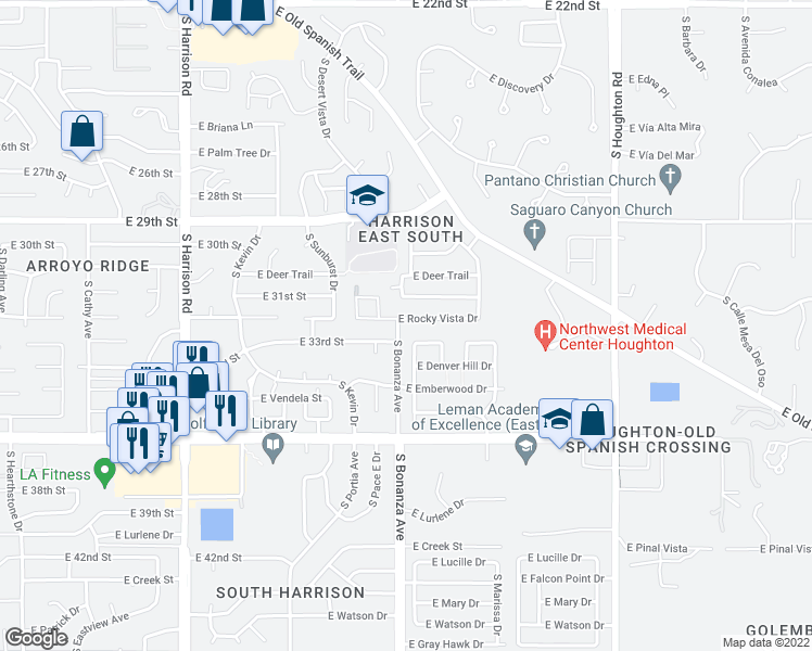 map of restaurants, bars, coffee shops, grocery stores, and more near 9906 East Rocky Vista Drive in Tucson