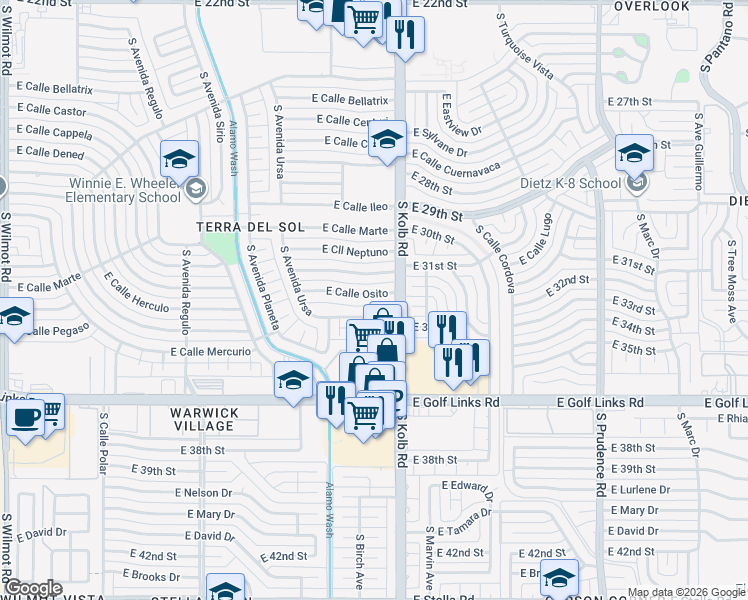 map of restaurants, bars, coffee shops, grocery stores, and more near 7017 East Calle Osito in Tucson
