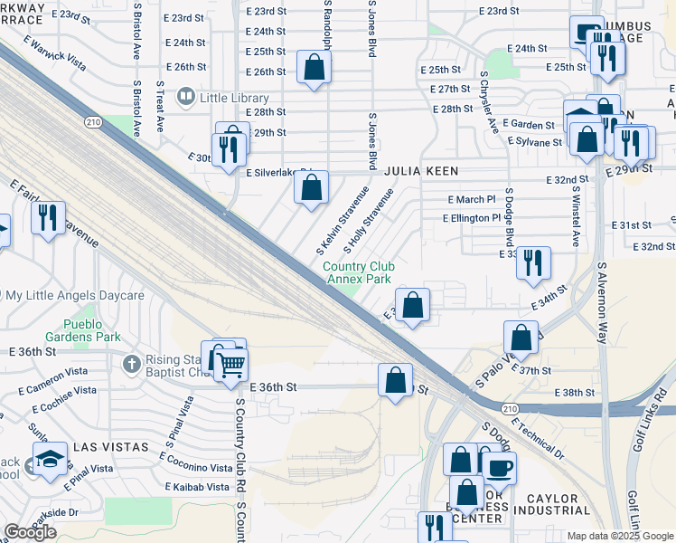 map of restaurants, bars, coffee shops, grocery stores, and more near 2411 South Holly Stravenue in Tucson