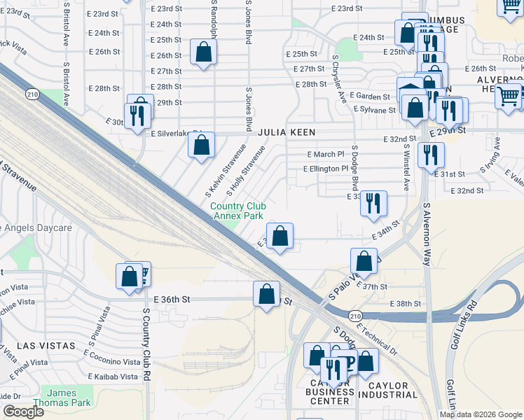 map of restaurants, bars, coffee shops, grocery stores, and more near 2225 South Hemlock Stravenue in Tucson
