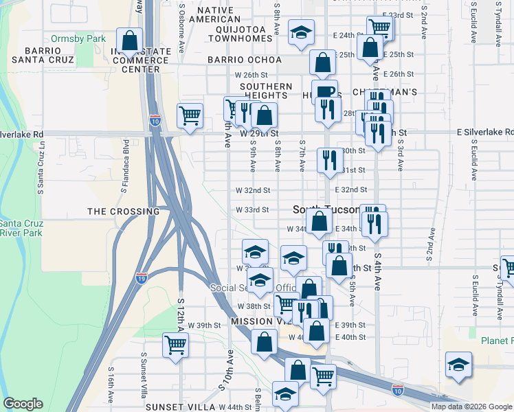 map of restaurants, bars, coffee shops, grocery stores, and more near 244 West 33rd Street in Tucson