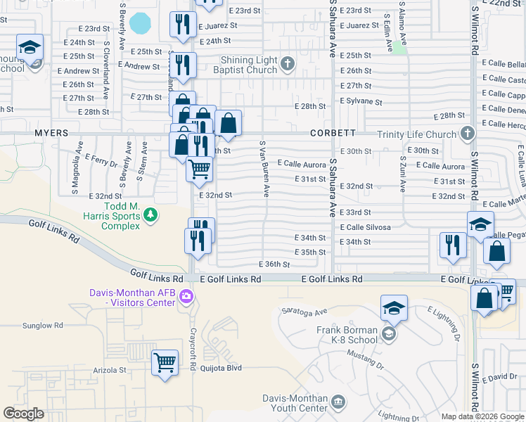 map of restaurants, bars, coffee shops, grocery stores, and more near 5671 East 33rd Street in Tucson