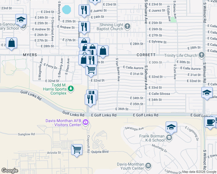 map of restaurants, bars, coffee shops, grocery stores, and more near 5631 East 33rd Street in Tucson