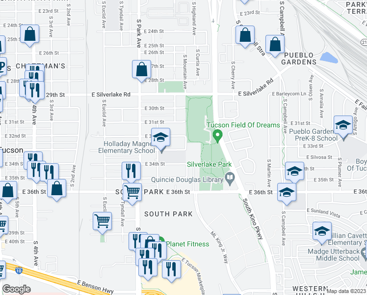 map of restaurants, bars, coffee shops, grocery stores, and more near 2250 South Mountain Avenue in Tucson