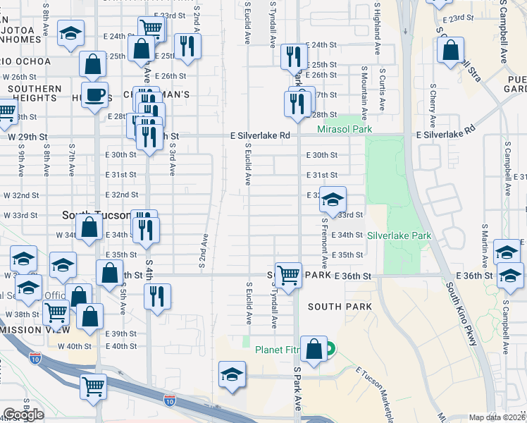 map of restaurants, bars, coffee shops, grocery stores, and more near 844 East 32nd Street in Tucson