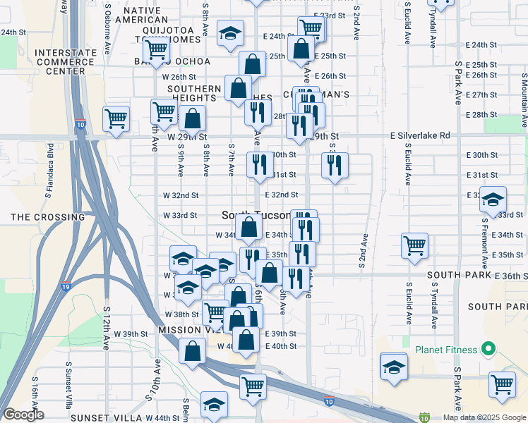 map of restaurants, bars, coffee shops, grocery stores, and more near in South Tucson