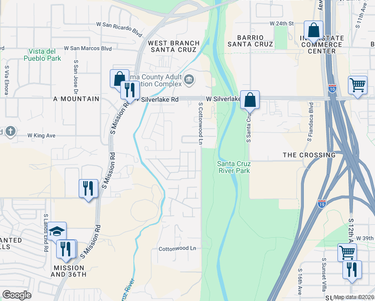 map of restaurants, bars, coffee shops, grocery stores, and more near 2424 South Cottonwood Lane in Tucson