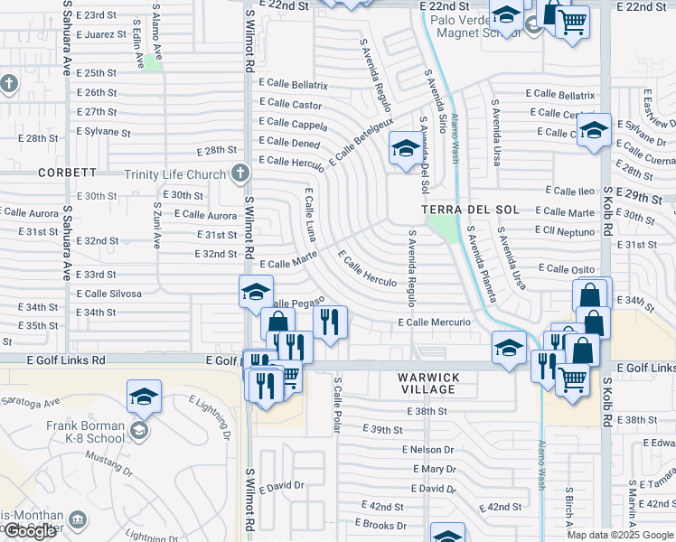 map of restaurants, bars, coffee shops, grocery stores, and more near 6507 East Calle Luna in Tucson