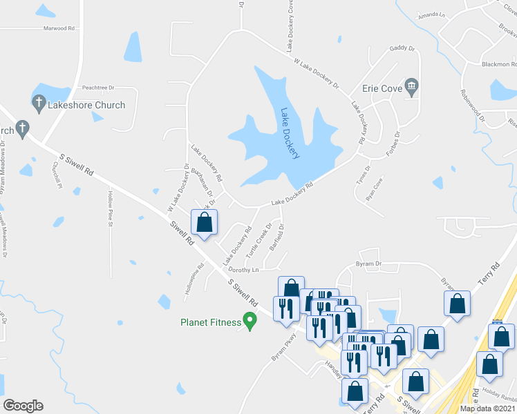 map of restaurants, bars, coffee shops, grocery stores, and more near 1121 Lake Dockery Road in Byram