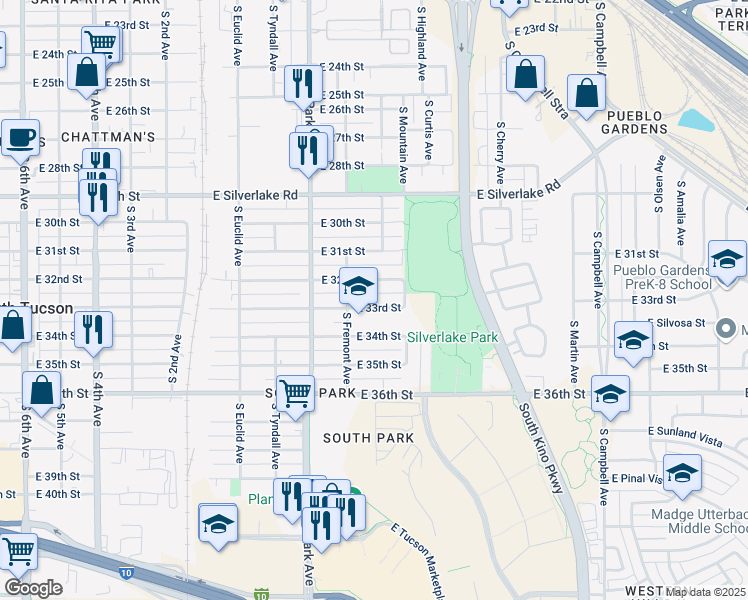 map of restaurants, bars, coffee shops, grocery stores, and more near 1131 East 33rd Street in Tucson