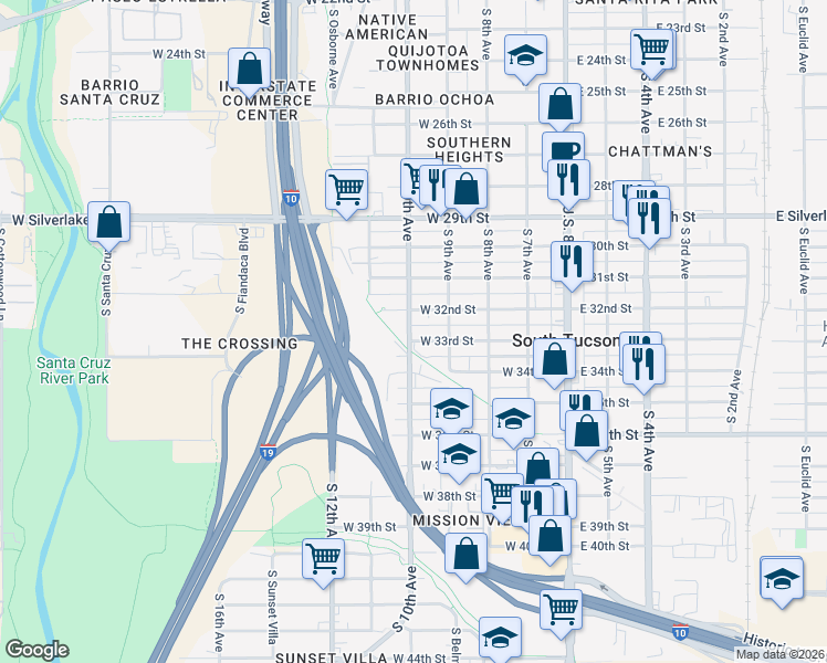 map of restaurants, bars, coffee shops, grocery stores, and more near 350 West 33rd Street in Tucson