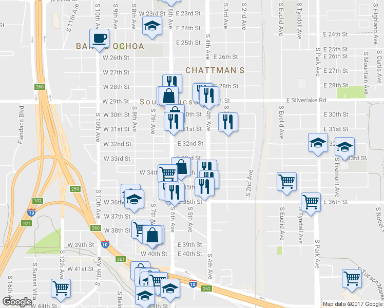 map of restaurants, bars, coffee shops, grocery stores, and more near 2235 South 5th Avenue in Tucson