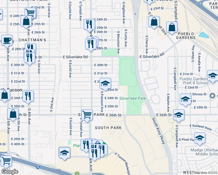 map of restaurants, bars, coffee shops, grocery stores, and more near 1131 East 33rd Street in Tucson