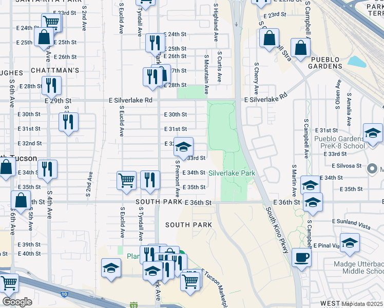 map of restaurants, bars, coffee shops, grocery stores, and more near 1131 East 33rd Street in Tucson