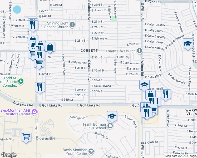 map of restaurants, bars, coffee shops, grocery stores, and more near 5941 East 33rd Street in Tucson