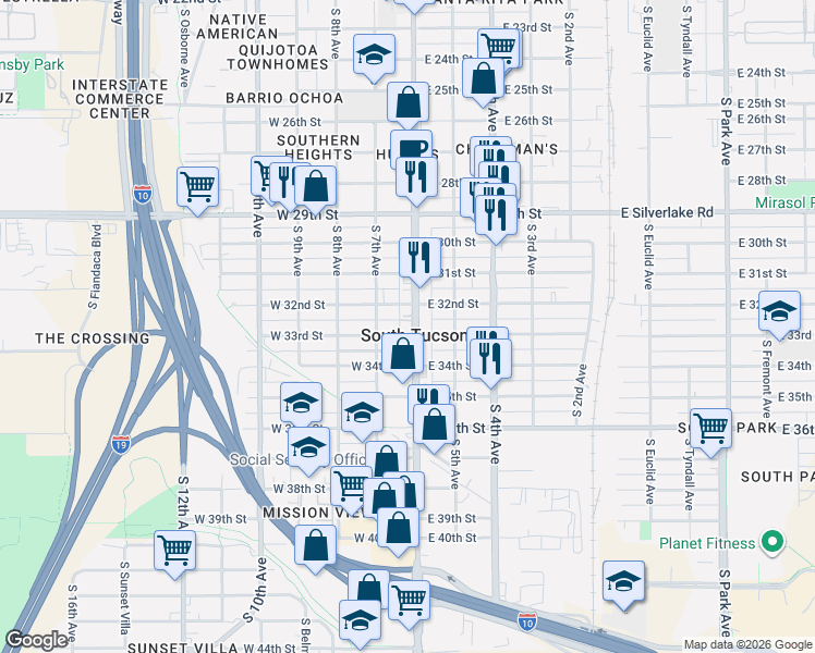 map of restaurants, bars, coffee shops, grocery stores, and more near 2238 South 6th Avenue in Tucson