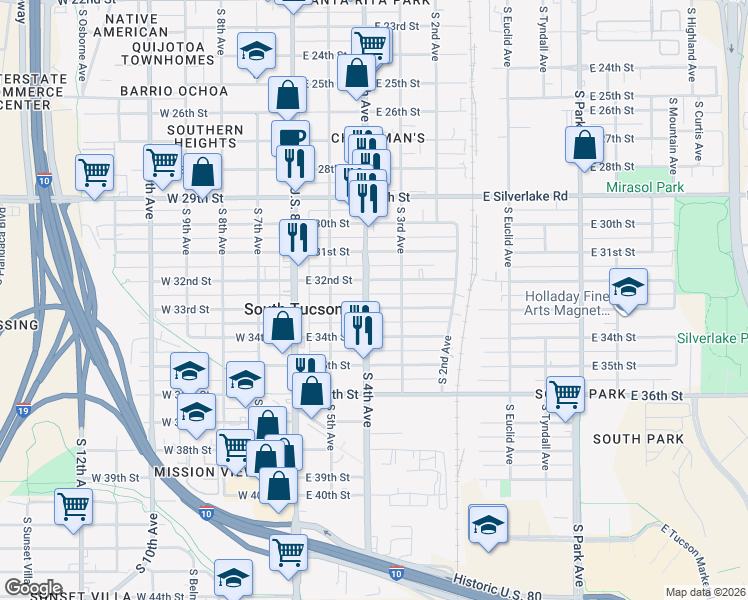 map of restaurants, bars, coffee shops, grocery stores, and more near 2222 South 4th Avenue in Tucson