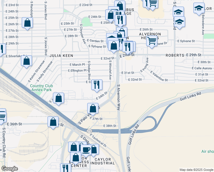 map of restaurants, bars, coffee shops, grocery stores, and more near 3865 East 34th Street in Tucson
