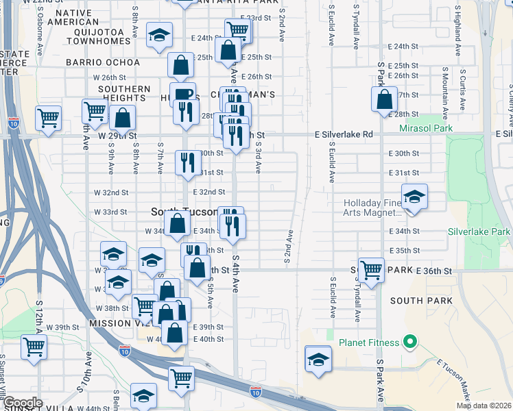 map of restaurants, bars, coffee shops, grocery stores, and more near 349 E 33rd St in Tucson