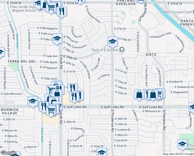 map of restaurants, bars, coffee shops, grocery stores, and more near 7341 East 32nd Street in Tucson