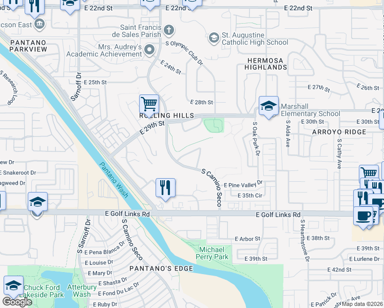 map of restaurants, bars, coffee shops, grocery stores, and more near 8701 East Burning Tree Drive in Tucson