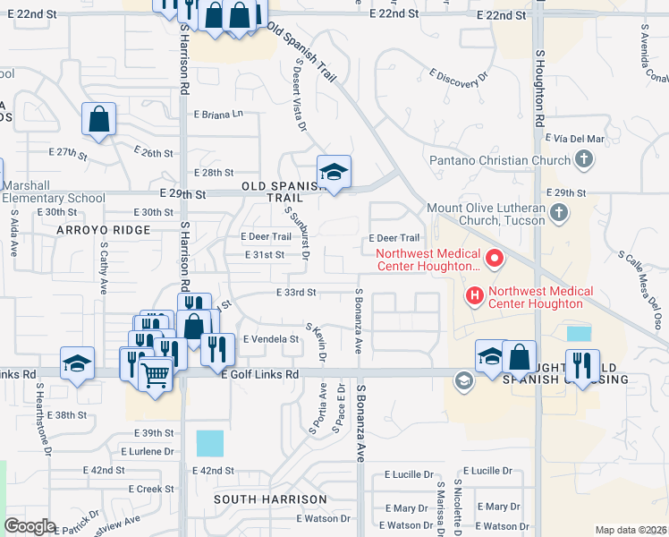 map of restaurants, bars, coffee shops, grocery stores, and more near 9843 East Rocky Vista Drive in Tucson