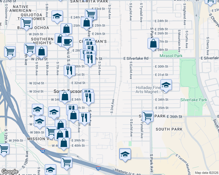 map of restaurants, bars, coffee shops, grocery stores, and more near 449 East 33rd Street in Tucson