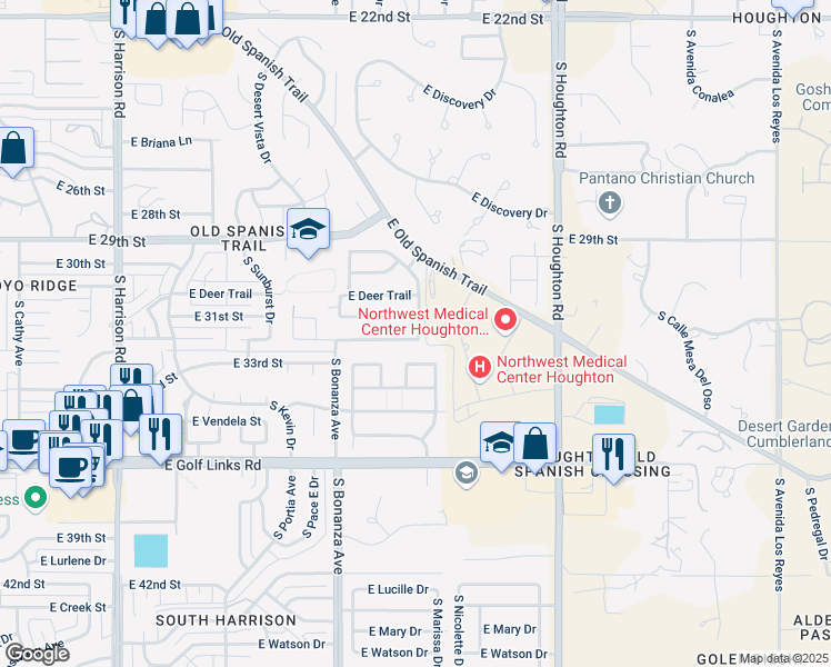 map of restaurants, bars, coffee shops, grocery stores, and more near 10047 East Rocky Vista Drive in Tucson