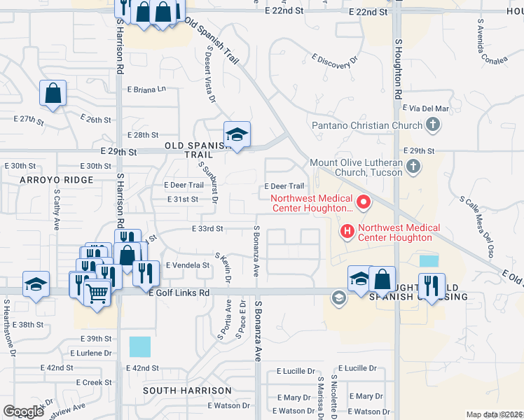 map of restaurants, bars, coffee shops, grocery stores, and more near 9907 East Rocky Vista Drive in Tucson