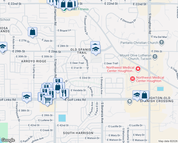 map of restaurants, bars, coffee shops, grocery stores, and more near 9751 East 32nd Street in Tucson