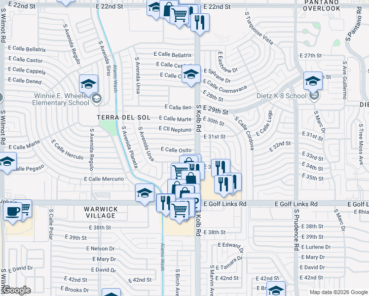 map of restaurants, bars, coffee shops, grocery stores, and more near 7017 East Calle Osito in Tucson