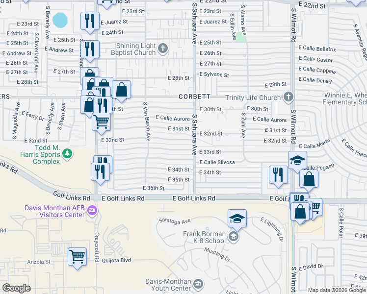 map of restaurants, bars, coffee shops, grocery stores, and more near 5819 East 33rd Street in Tucson