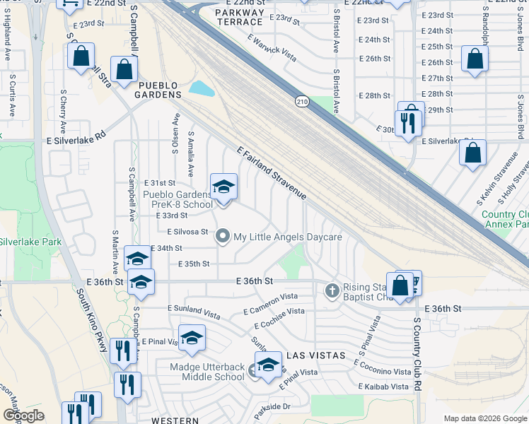 map of restaurants, bars, coffee shops, grocery stores, and more near 2202 South Tucson Avenue in Tucson
