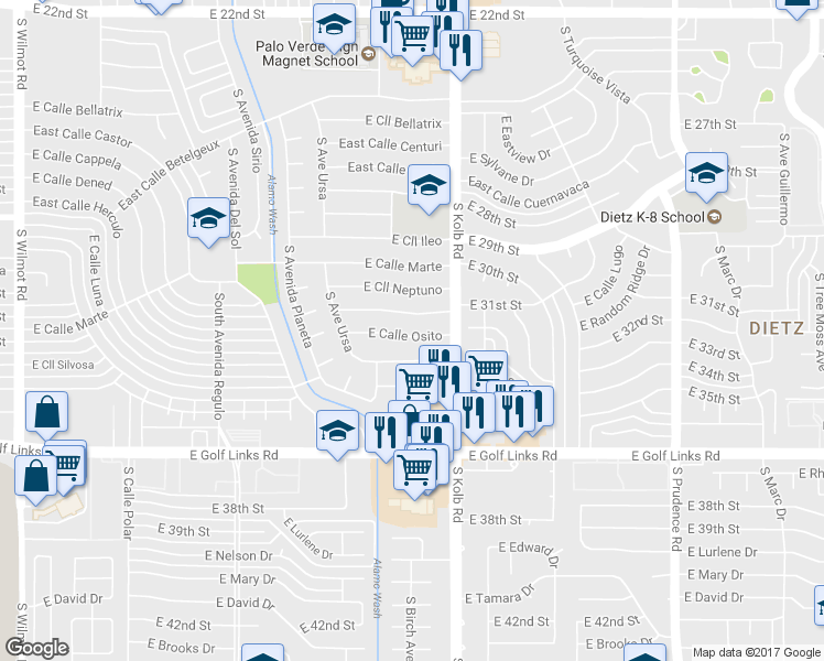 map of restaurants, bars, coffee shops, grocery stores, and more near 7017 East Calle Osito in Tucson
