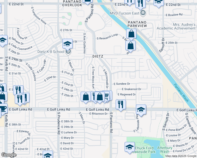 map of restaurants, bars, coffee shops, grocery stores, and more near 7753 East 32nd Street in Tucson