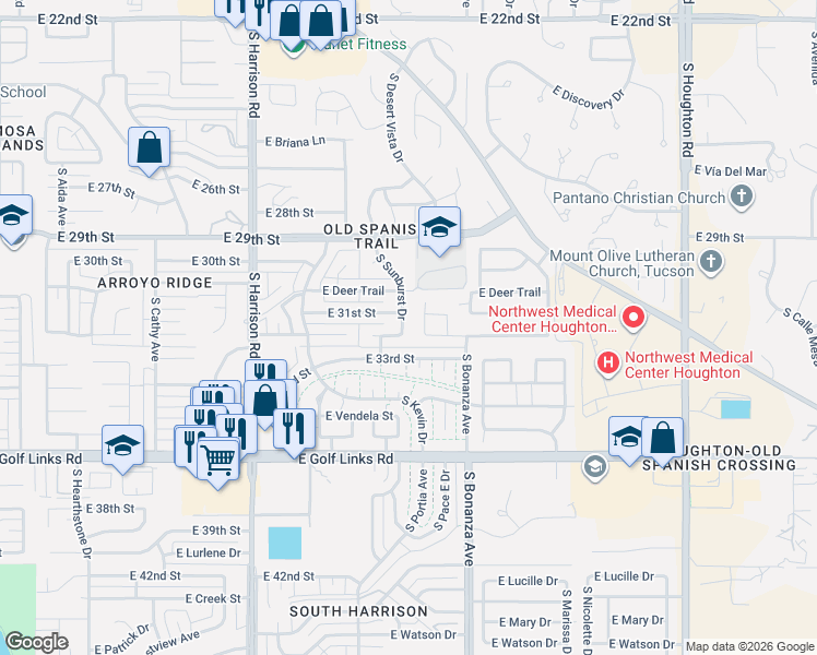 map of restaurants, bars, coffee shops, grocery stores, and more near 2191 South Sunburst Drive in Tucson