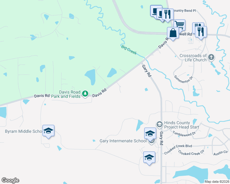map of restaurants, bars, coffee shops, grocery stores, and more near 2747 Davis Road in Terry