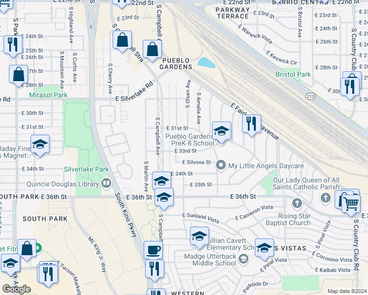 map of restaurants, bars, coffee shops, grocery stores, and more near 2021 East 33rd Street in Tucson