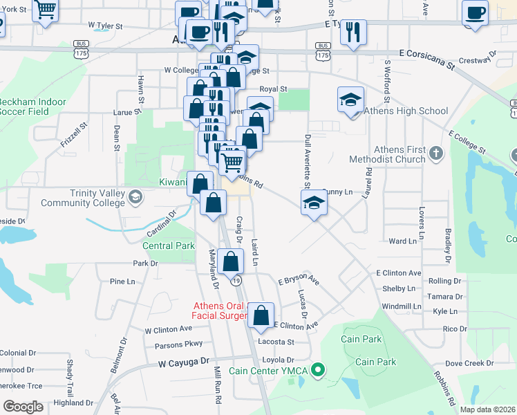 map of restaurants, bars, coffee shops, grocery stores, and more near 107 Laird Lane in Athens