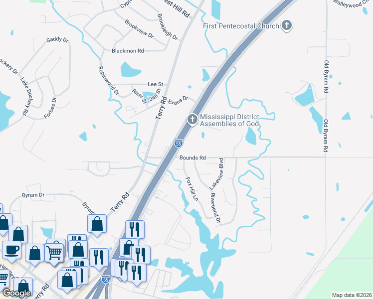 map of restaurants, bars, coffee shops, grocery stores, and more near 6600-6622 Interstate 55 Frontage Rd in Byram