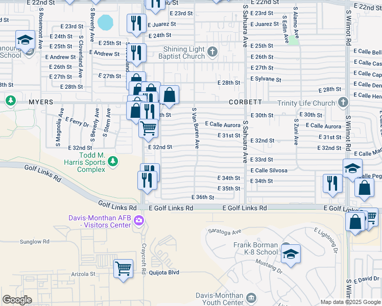 map of restaurants, bars, coffee shops, grocery stores, and more near 5671 East 33rd Street in Tucson