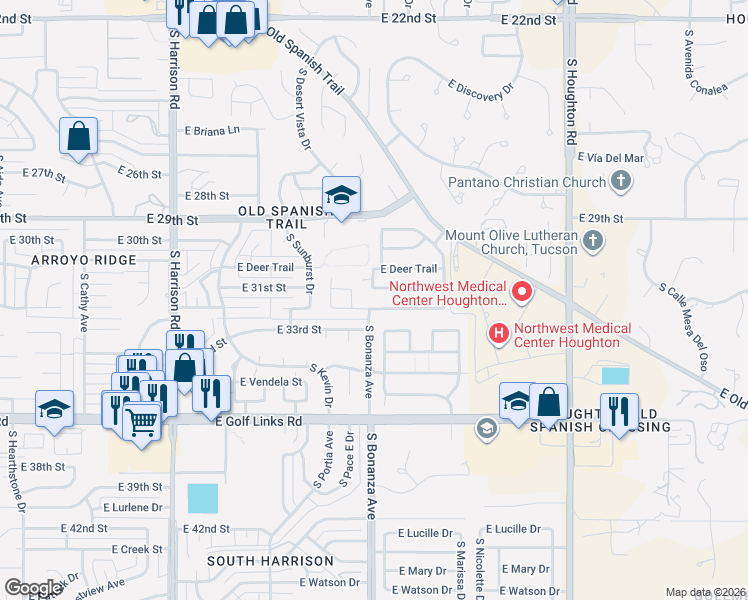 map of restaurants, bars, coffee shops, grocery stores, and more near 9907 East Rocky Vista Drive in Tucson
