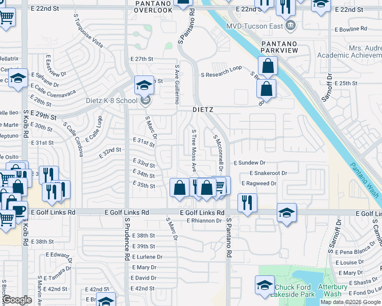 map of restaurants, bars, coffee shops, grocery stores, and more near 2221 South Timberline Avenue in Tucson