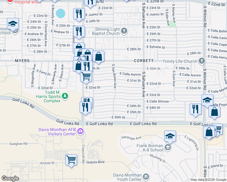 map of restaurants, bars, coffee shops, grocery stores, and more near 5671 East 33rd Street in Tucson
