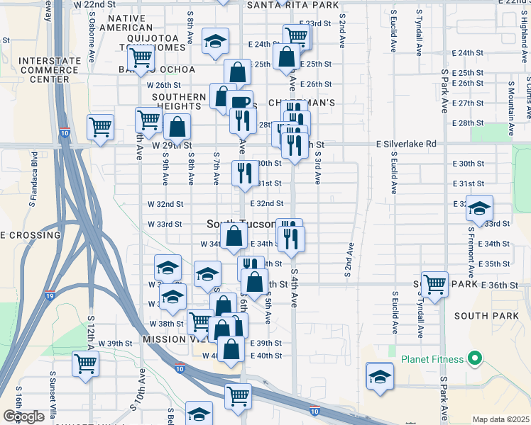 map of restaurants, bars, coffee shops, grocery stores, and more near 2236 South 5th Avenue in Tucson