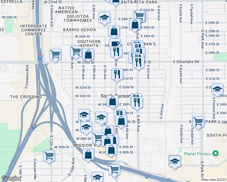 map of restaurants, bars, coffee shops, grocery stores, and more near in South Tucson