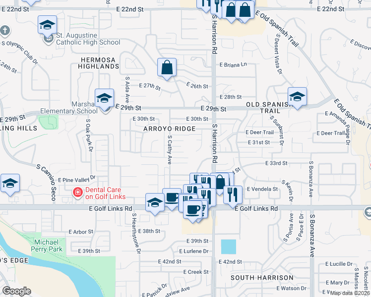 map of restaurants, bars, coffee shops, grocery stores, and more near 9339 East Barbara Jean Place in Tucson