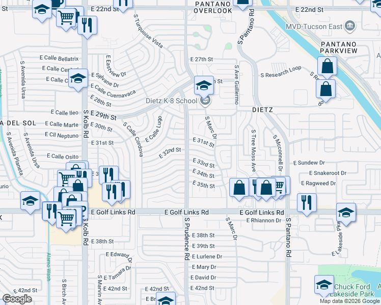 map of restaurants, bars, coffee shops, grocery stores, and more near 7502 East 32nd Street in Tucson